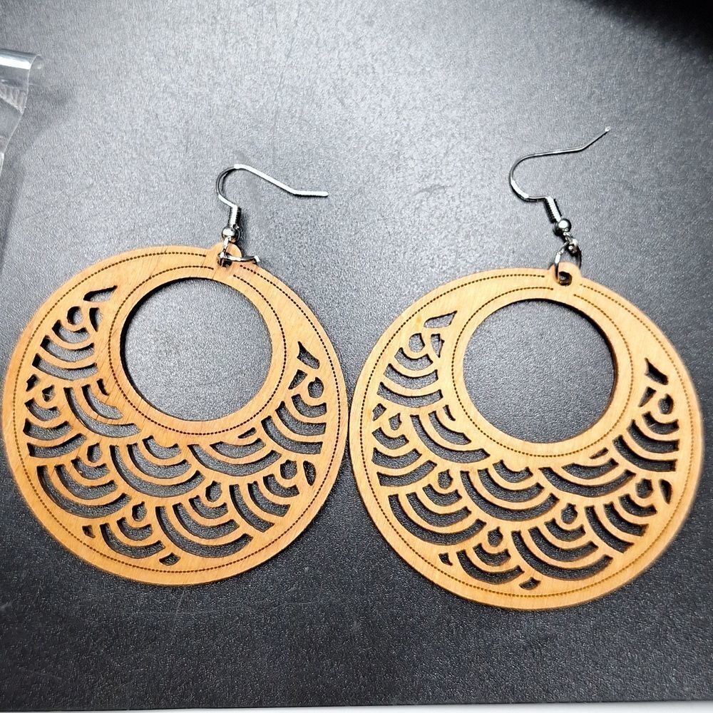 Wood carved round tribal earrings lightweight boho jewelry